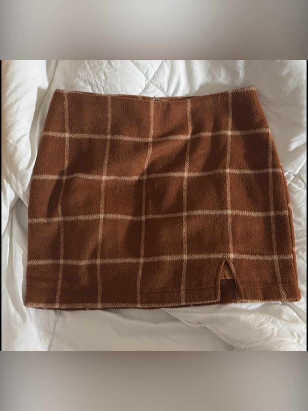 Brown Plaid Mini Skirt with Front Notch